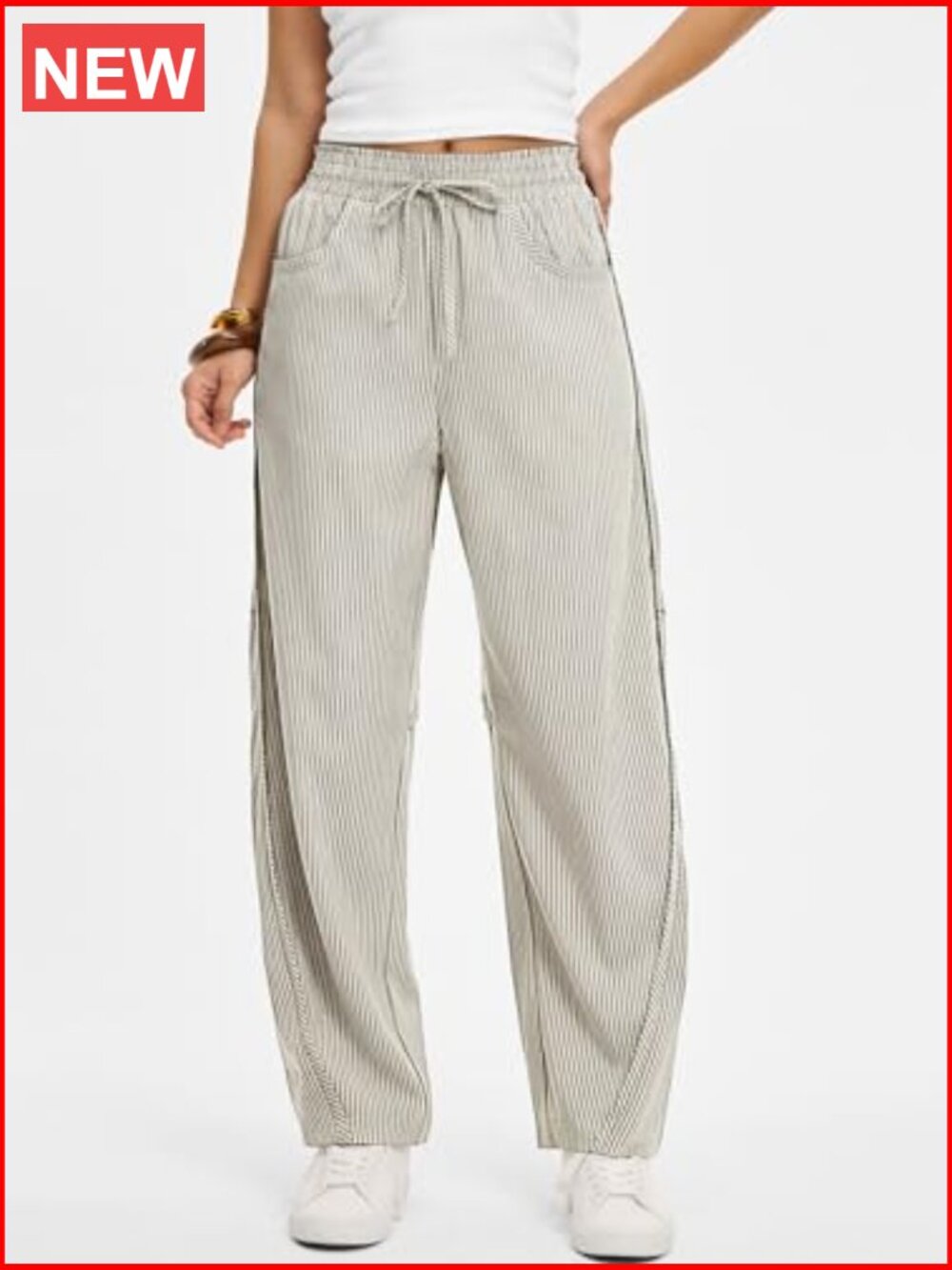Womens Striped Barrel Casual Pants Elastic Drawstring Wide Leg Trousers with - Picture 3 of 7
